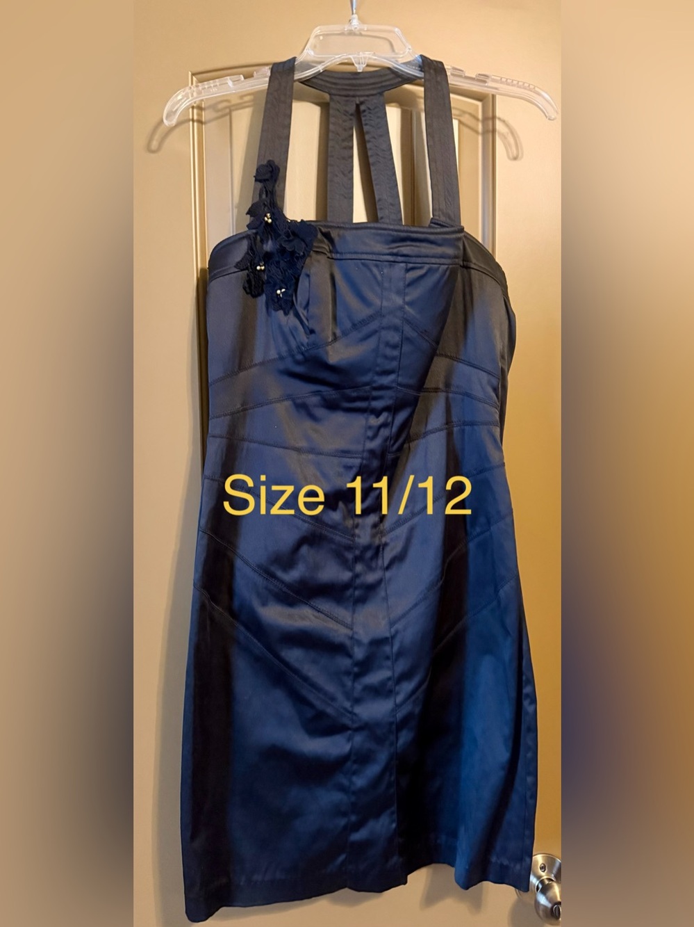 Navy Satin Strap Dress with Lace Detail